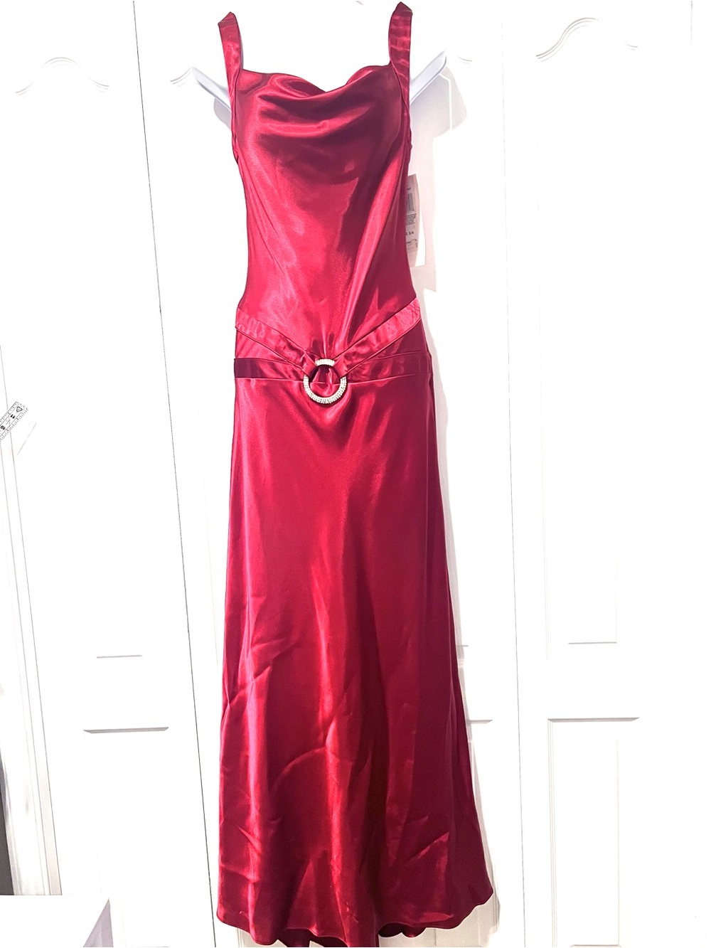 Morgan & Co. Satin Crimson Maxi Dress with Ring Waist Detail